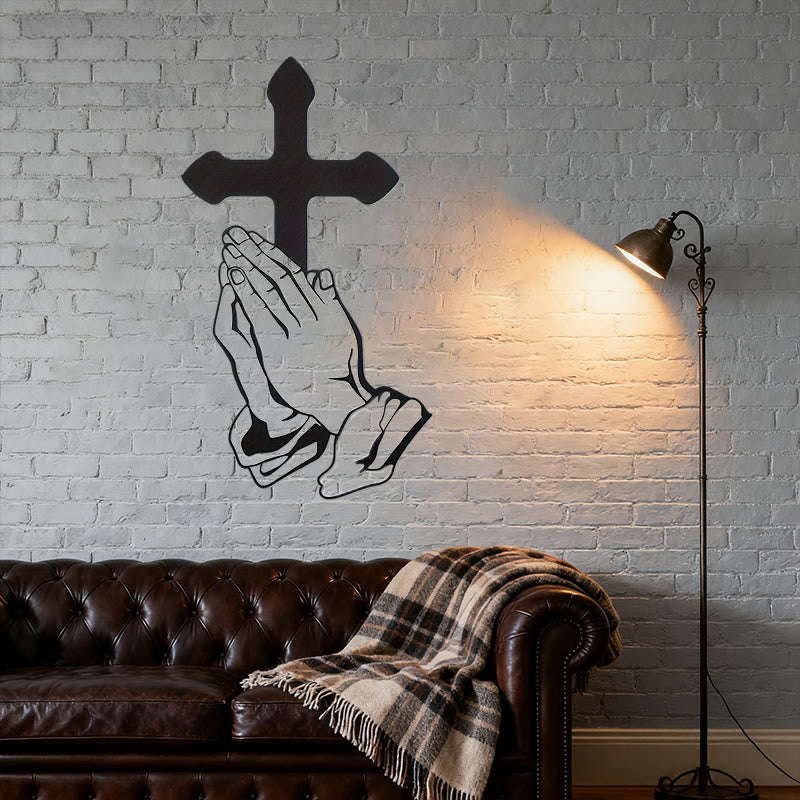 Christianartworkshop Classic Praying Hands & Cross Black Metal Wall Decor