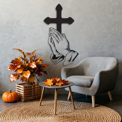 Christianartworkshop Classic Praying Hands & Cross Black Metal Wall Decor