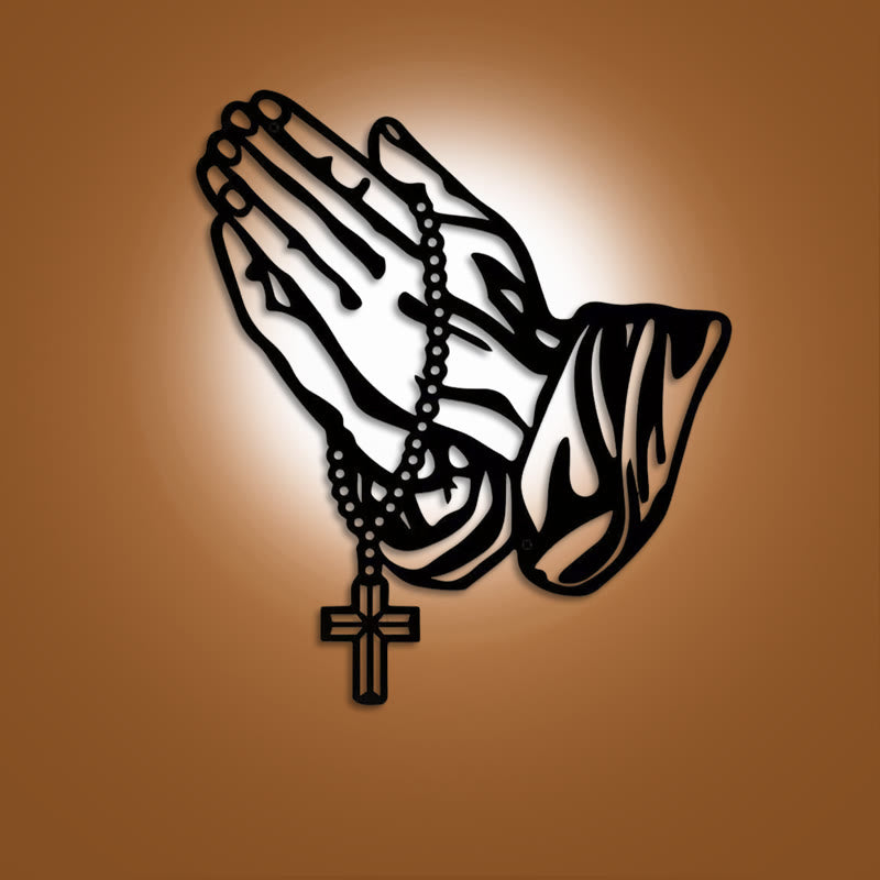 Christianartworkshop Classic Praying Hands with Rosary Cross Black Metal Wall Decor