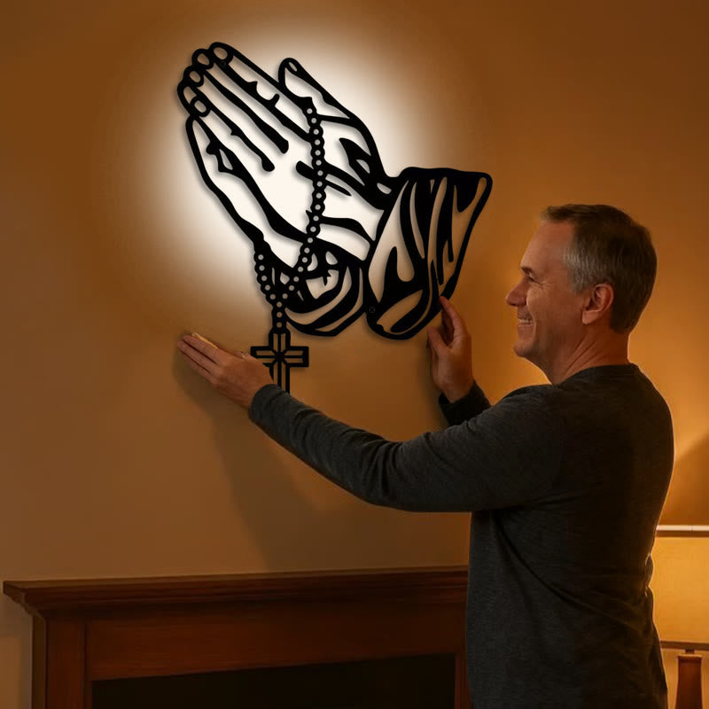 Christianartworkshop Classic Praying Hands with Rosary Cross Black Metal Wall Decor