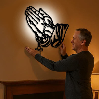 Christianartworkshop Classic Praying Hands with Rosary Cross Black Metal Wall Decor