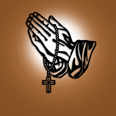 Christianartworkshop Classic Praying Hands with Rosary Cross Black Metal Wall Decor