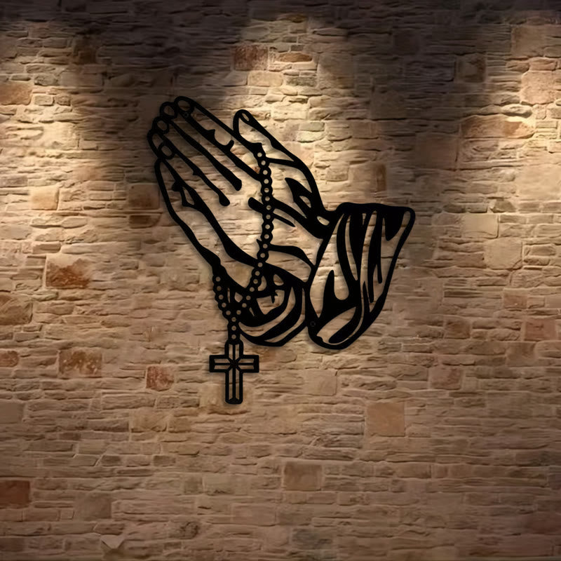 Christianartworkshop Classic Praying Hands with Rosary Cross Black Metal Wall Decor