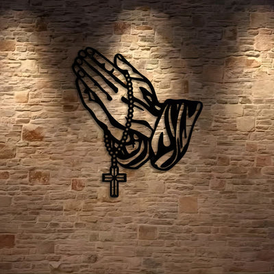 Christianartworkshop Classic Praying Hands with Rosary Cross Black Metal Wall Decor