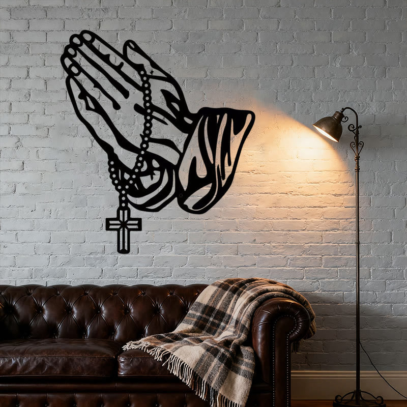 Christianartworkshop Classic Praying Hands with Rosary Cross Black Metal Wall Decor