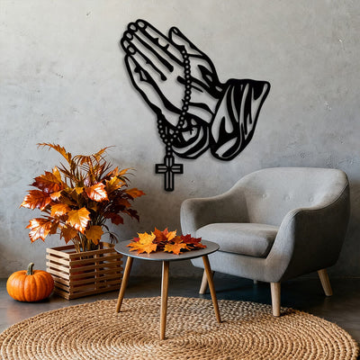 Christianartworkshop Classic Praying Hands with Rosary Cross Black Metal Wall Decor