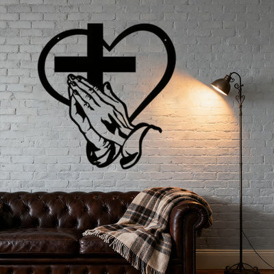 Christianartworkshop Modern Spiritual Praying Hands Heart Cross Black Metal Wall Decor
