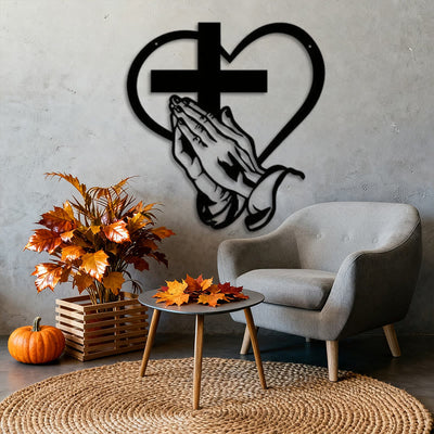 Christianartworkshop Modern Spiritual Praying Hands Heart Cross Black Metal Wall Decor
