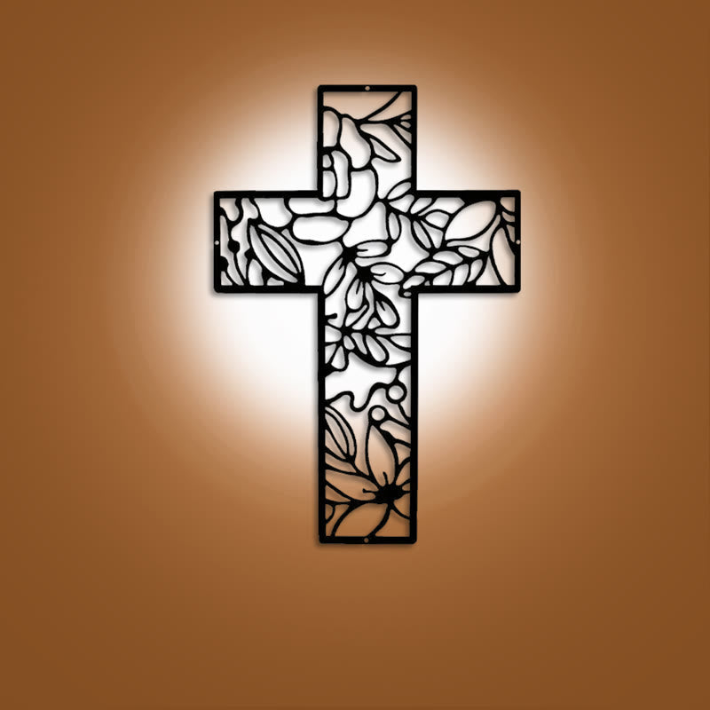 Christianartworkshop Contemporary Floral Cross Black Metal Wall Decor