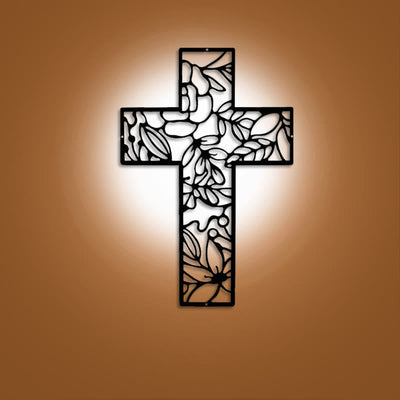 Christianartworkshop Contemporary Floral Cross Black Metal Wall Decor