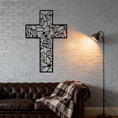 Christianartworkshop Contemporary Floral Cross Black Metal Wall Decor