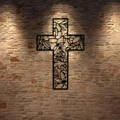 Christianartworkshop Contemporary Floral Cross Black Metal Wall Decor