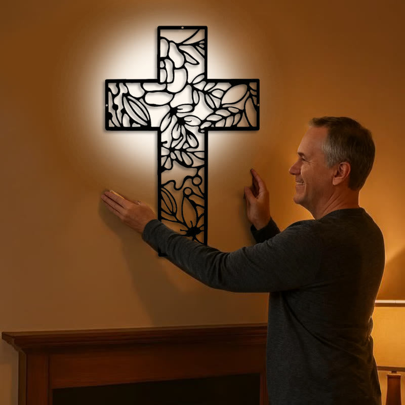 Christianartworkshop Contemporary Floral Cross Black Metal Wall Decor