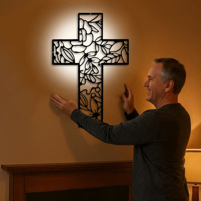 Christianartworkshop Contemporary Floral Cross Black Metal Wall Decor