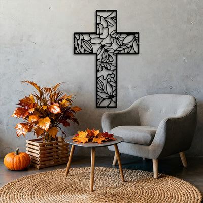 Christianartworkshop Contemporary Floral Cross Black Metal Wall Decor
