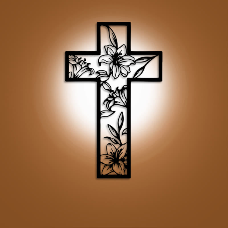 Christianartworkshop Classic Lily Floral Cross Black Metal Wall Decor