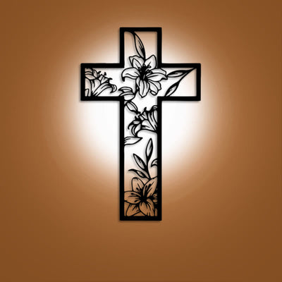 Christianartworkshop Classic Lily Floral Cross Black Metal Wall Decor