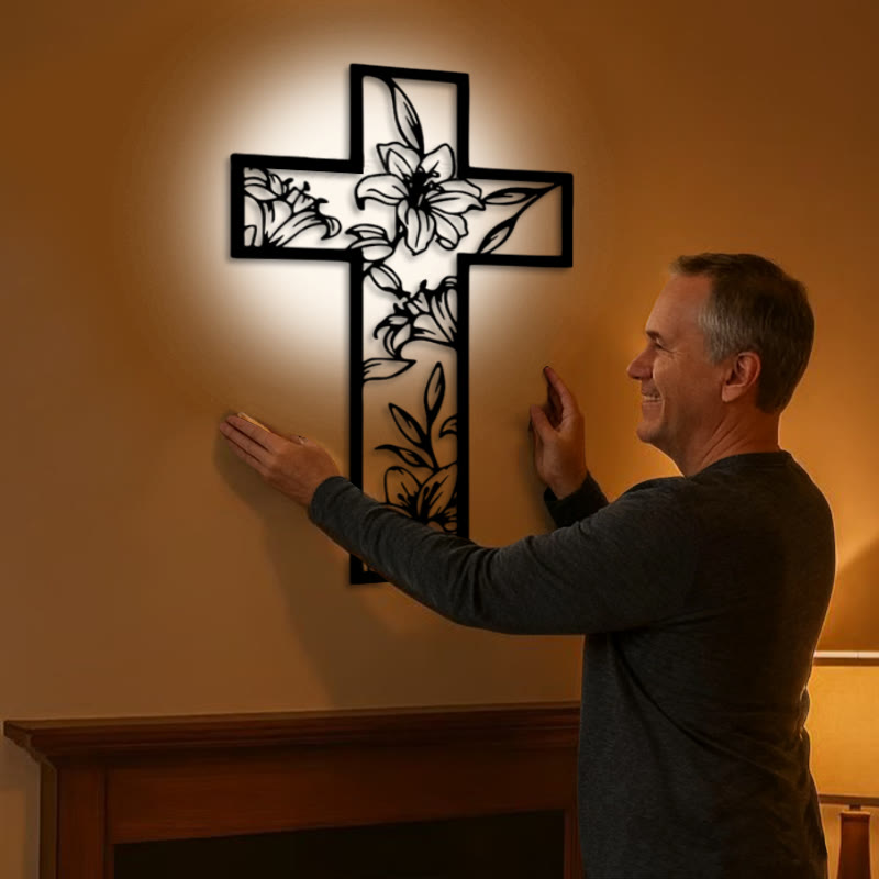 Christianartworkshop Classic Lily Floral Cross Black Metal Wall Decor