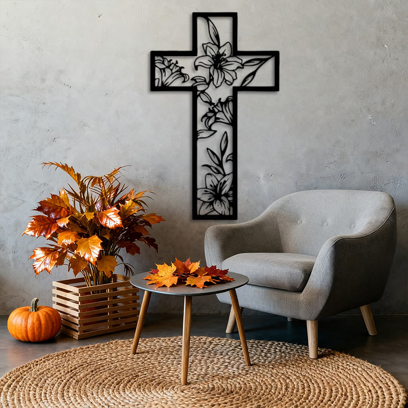 Christianartworkshop Classic Lily Floral Cross Black Metal Wall Decor