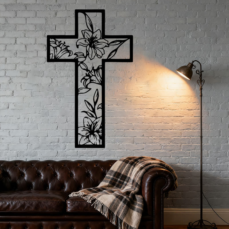 Christianartworkshop Classic Lily Floral Cross Black Metal Wall Decor