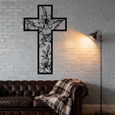 Christianartworkshop Classic Lily Floral Cross Black Metal Wall Decor