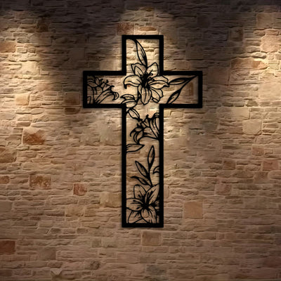 Christianartworkshop Classic Lily Floral Cross Black Metal Wall Decor