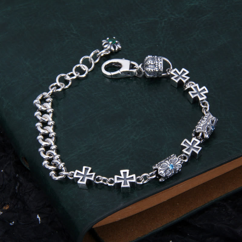 Christianartworkshop Classic 925 Sterling Silver Cross Bracelet with Gothic Floral Beads