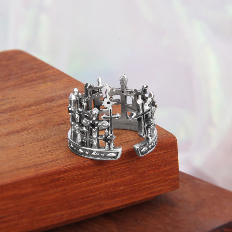 Christianartworkshop 925 Sterling Gothic Lattice Cross Crown Ring with Church Motifs