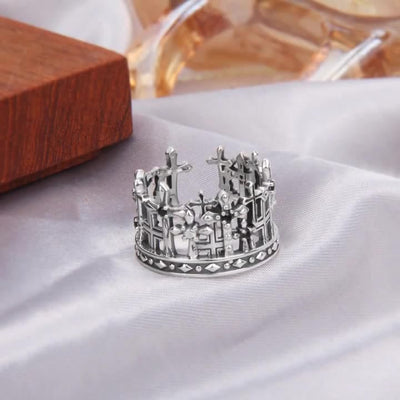 Christianartworkshop 925 Sterling Gothic Lattice Cross Crown Ring with Church Motifs