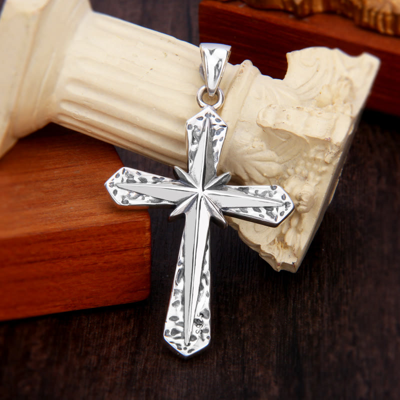 Christianartworkshop Gothic Inspired Sterling Cross Pendant Necklace with Carved Starburst