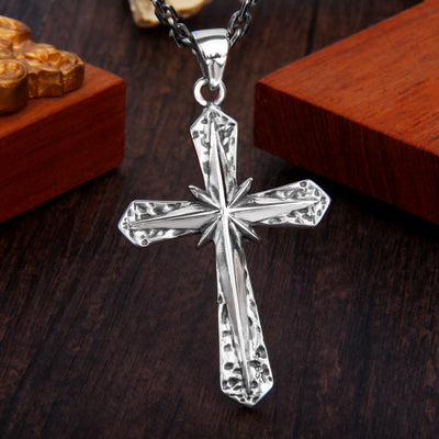 Christianartworkshop Gothic Inspired Sterling Cross Pendant Necklace with Carved Starburst