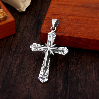 Christianartworkshop Gothic Inspired Sterling Cross Pendant Necklace with Carved Starburst