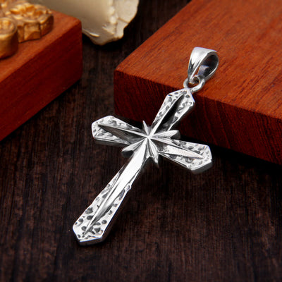 Christianartworkshop Gothic Inspired Sterling Cross Pendant Necklace with Carved Starburst