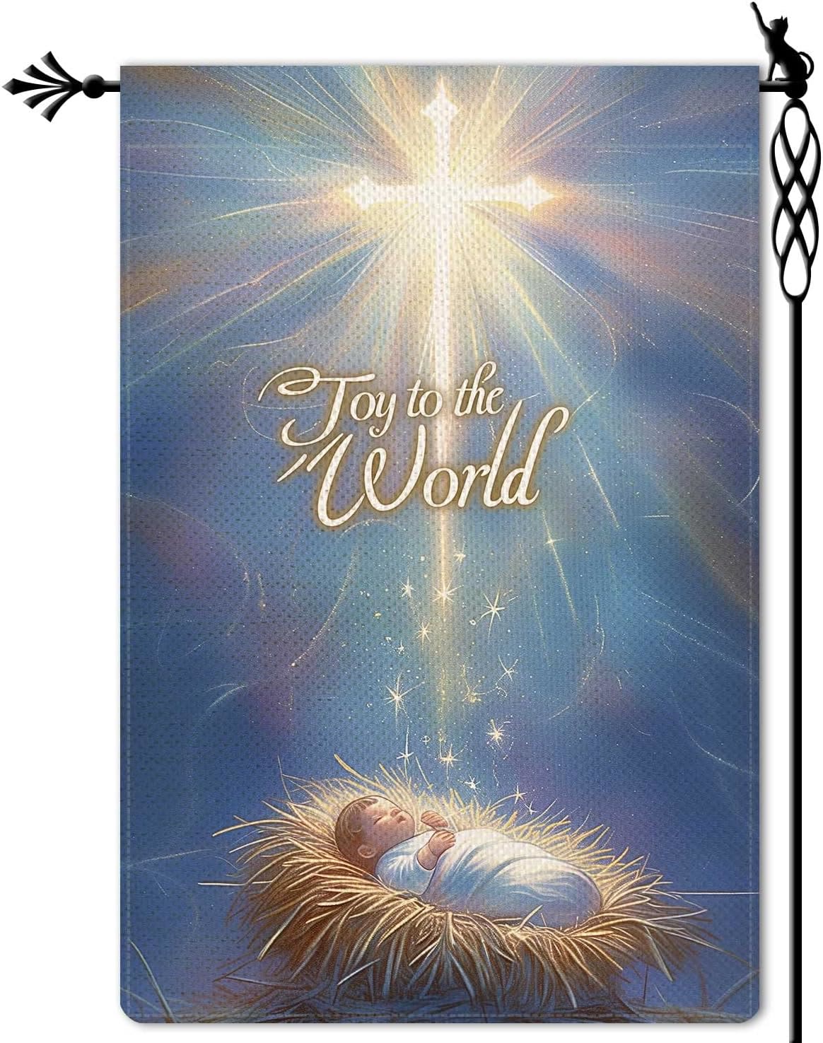 Christianartworkshop Blue - Toned Joy to the World Nativity Garden Flag with Glowing Cross