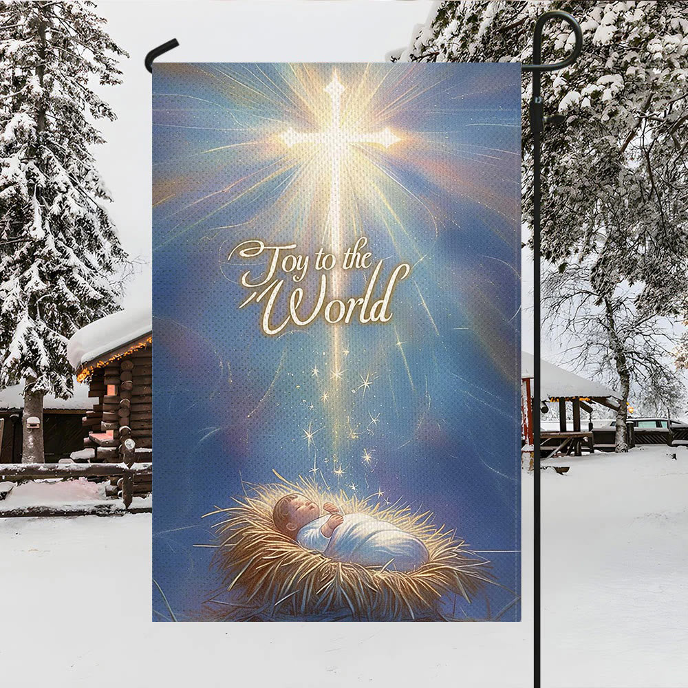 Christianartworkshop Blue - Toned Joy to the World Nativity Garden Flag with Glowing Cross