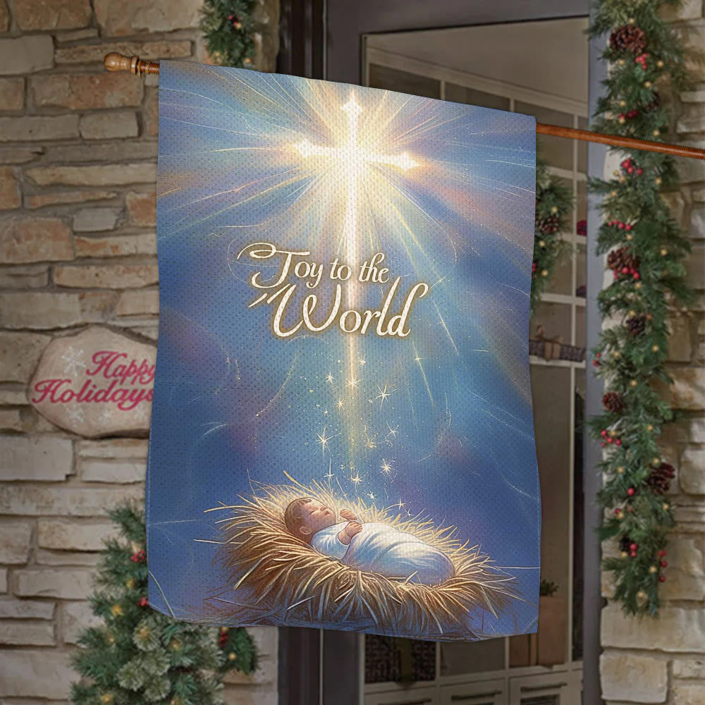 Christianartworkshop Blue - Toned Joy to the World Nativity Garden Flag with Glowing Cross