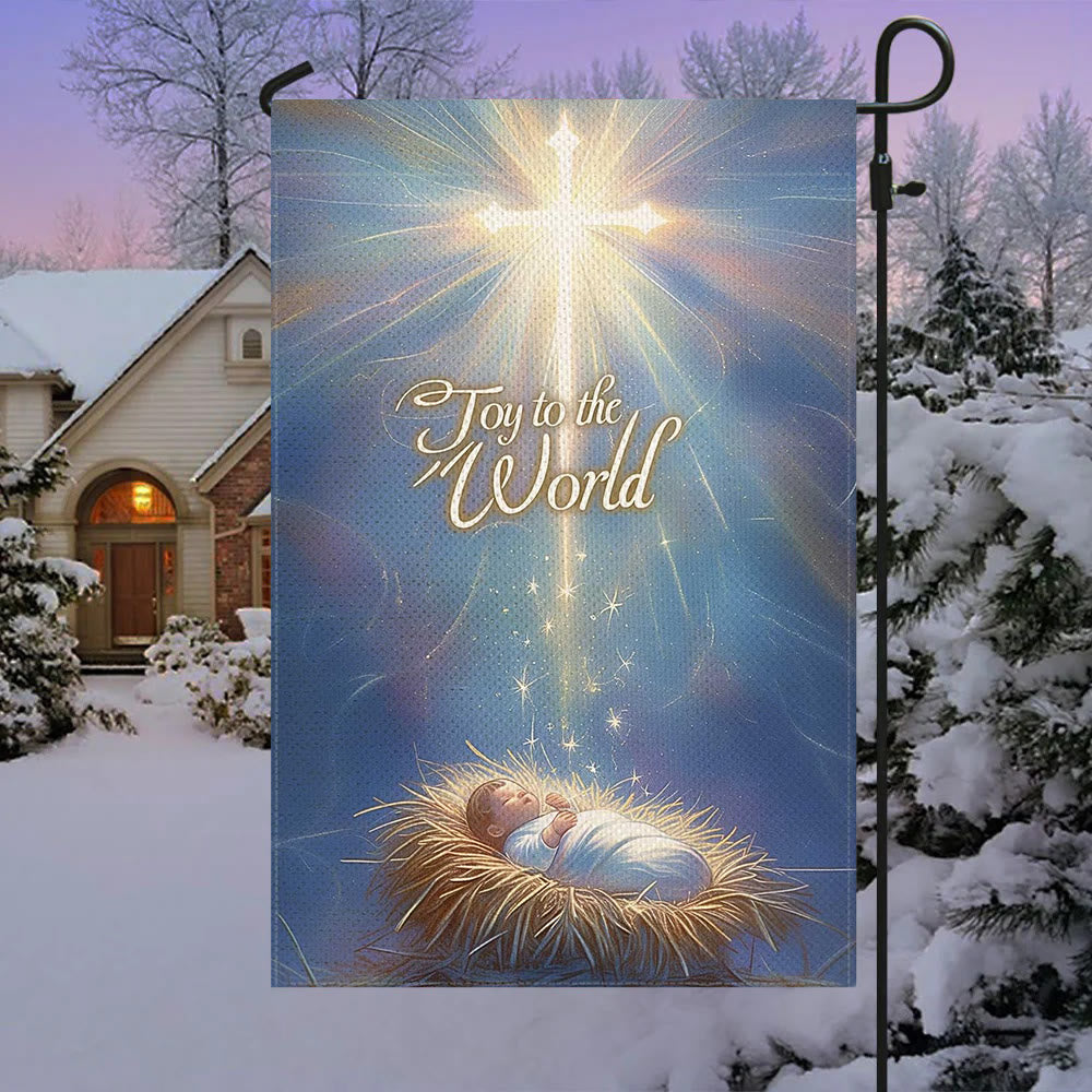 Christianartworkshop Blue - Toned Joy to the World Nativity Garden Flag with Glowing Cross