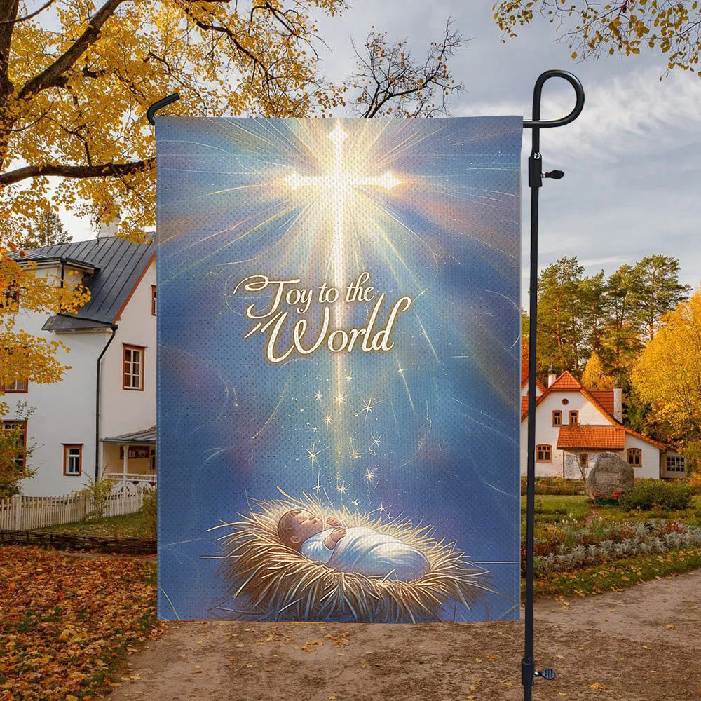 Christianartworkshop Blue - Toned Joy to the World Nativity Garden Flag with Glowing Cross
