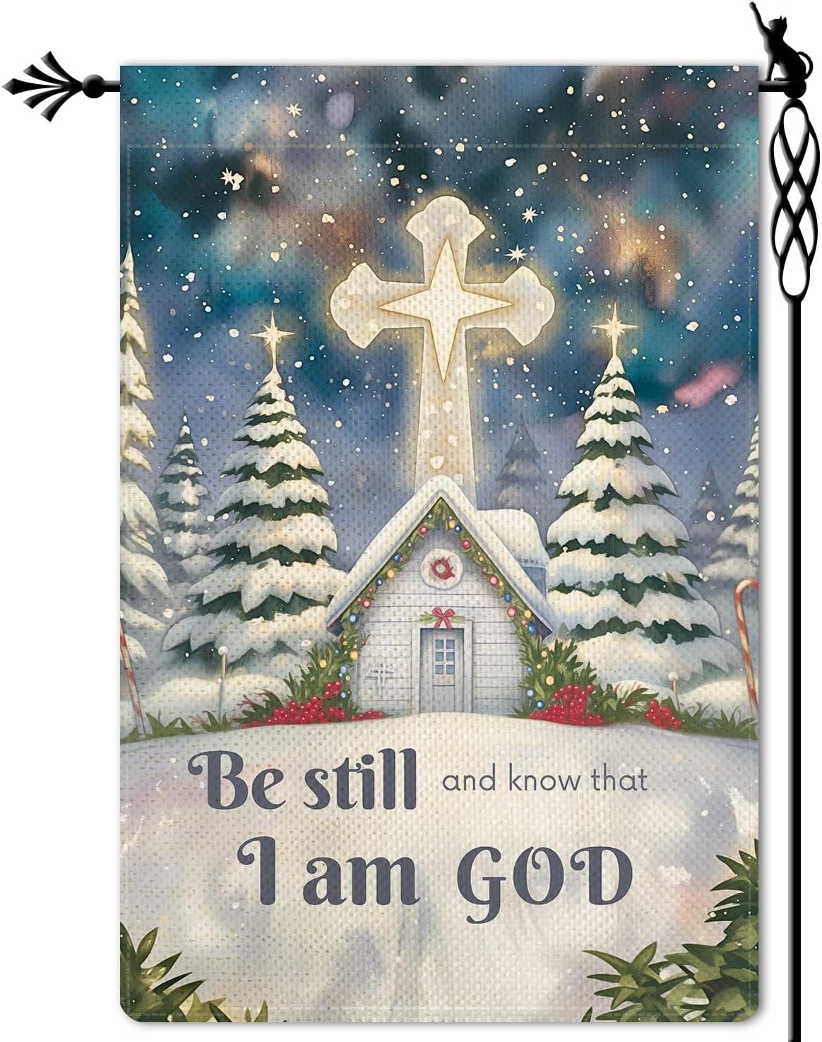 Christianartworkshop Winter Snow Scene Church Garden Flag - Be Still and Know That I Am God