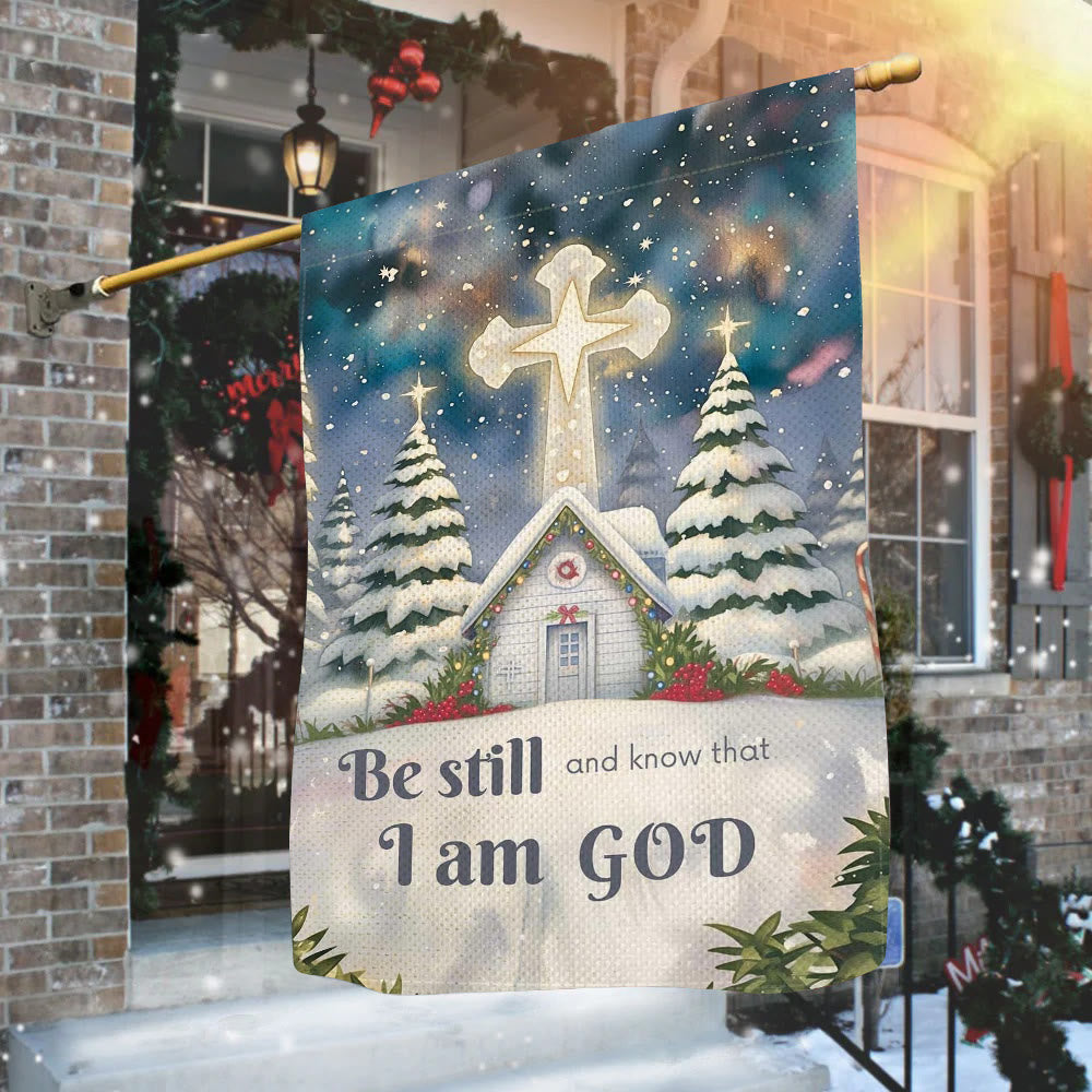 Christianartworkshop Winter Snow Scene Church Garden Flag - Be Still and Know That I Am God