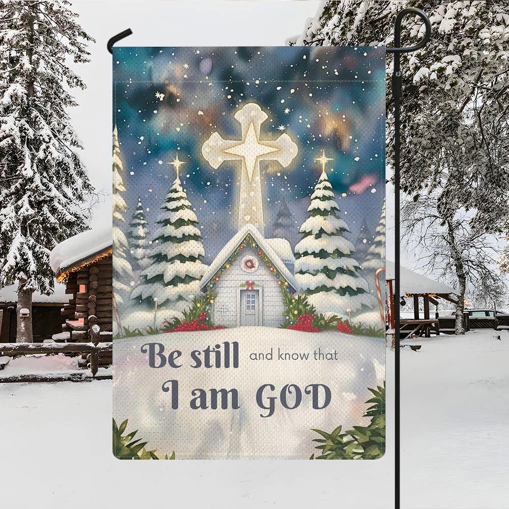 Christianartworkshop Winter Snow Scene Church Garden Flag - Be Still and Know That I Am God