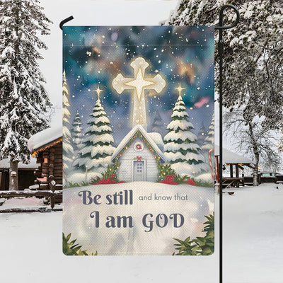 Christianartworkshop Winter Snow Scene Church Garden Flag - Be Still and Know That I Am God