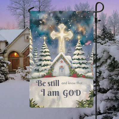 Christianartworkshop Winter Snow Scene Church Garden Flag - Be Still and Know That I Am God