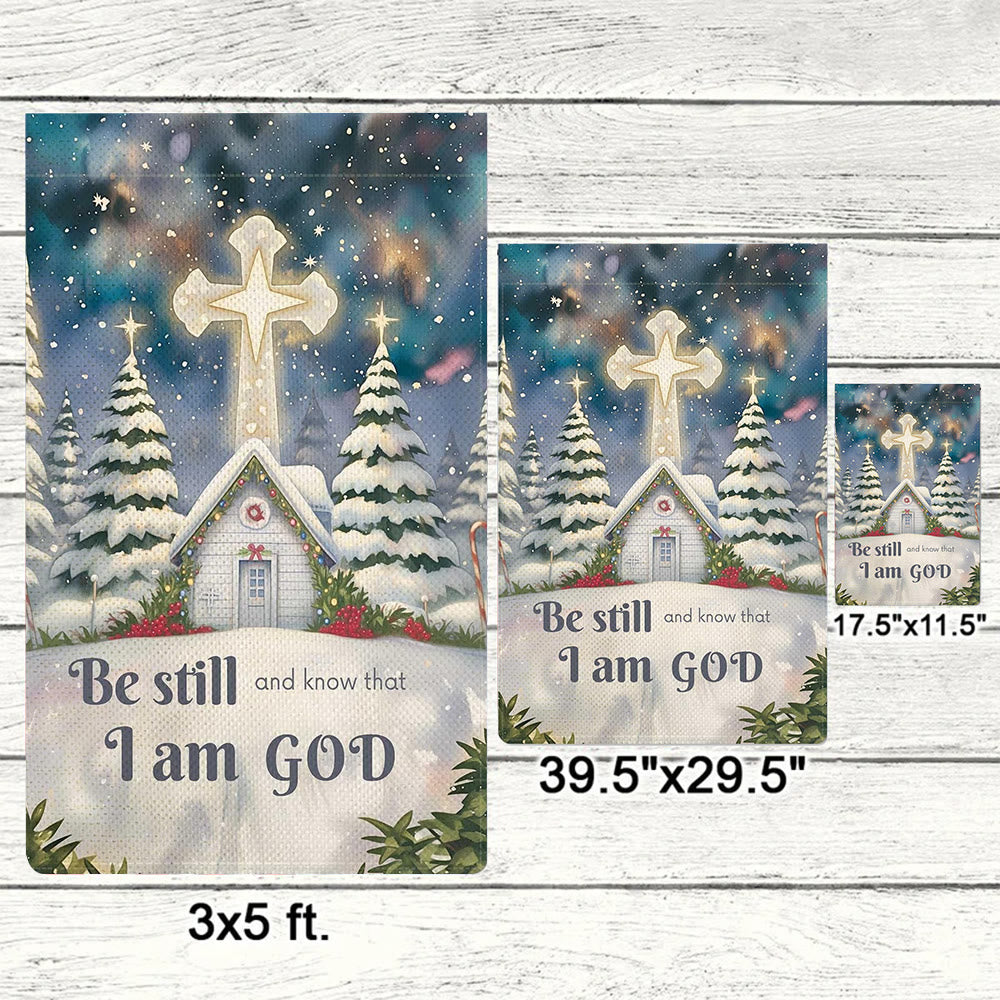 Christianartworkshop Winter Snow Scene Church Garden Flag - Be Still and Know That I Am God
