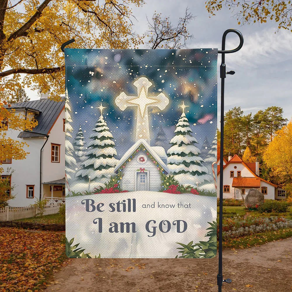 Christianartworkshop Winter Snow Scene Church Garden Flag - Be Still and Know That I Am God