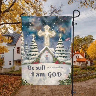 Christianartworkshop Winter Snow Scene Church Garden Flag - Be Still and Know That I Am God