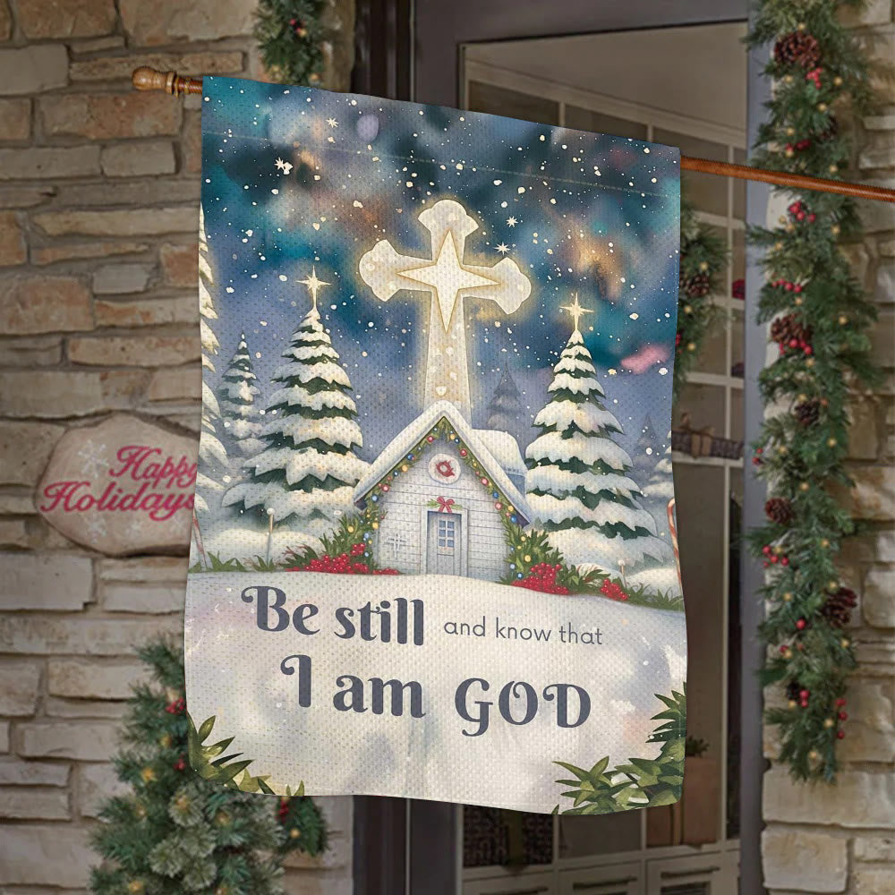 Christianartworkshop Winter Snow Scene Church Garden Flag - Be Still and Know That I Am God