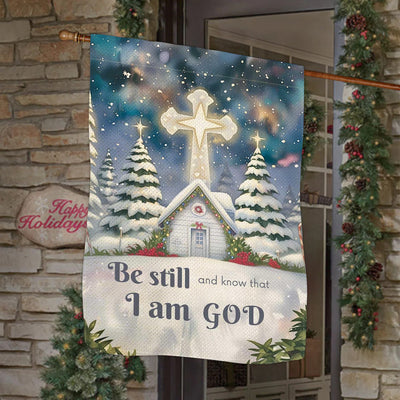 Christianartworkshop Winter Snow Scene Church Garden Flag - Be Still and Know That I Am God