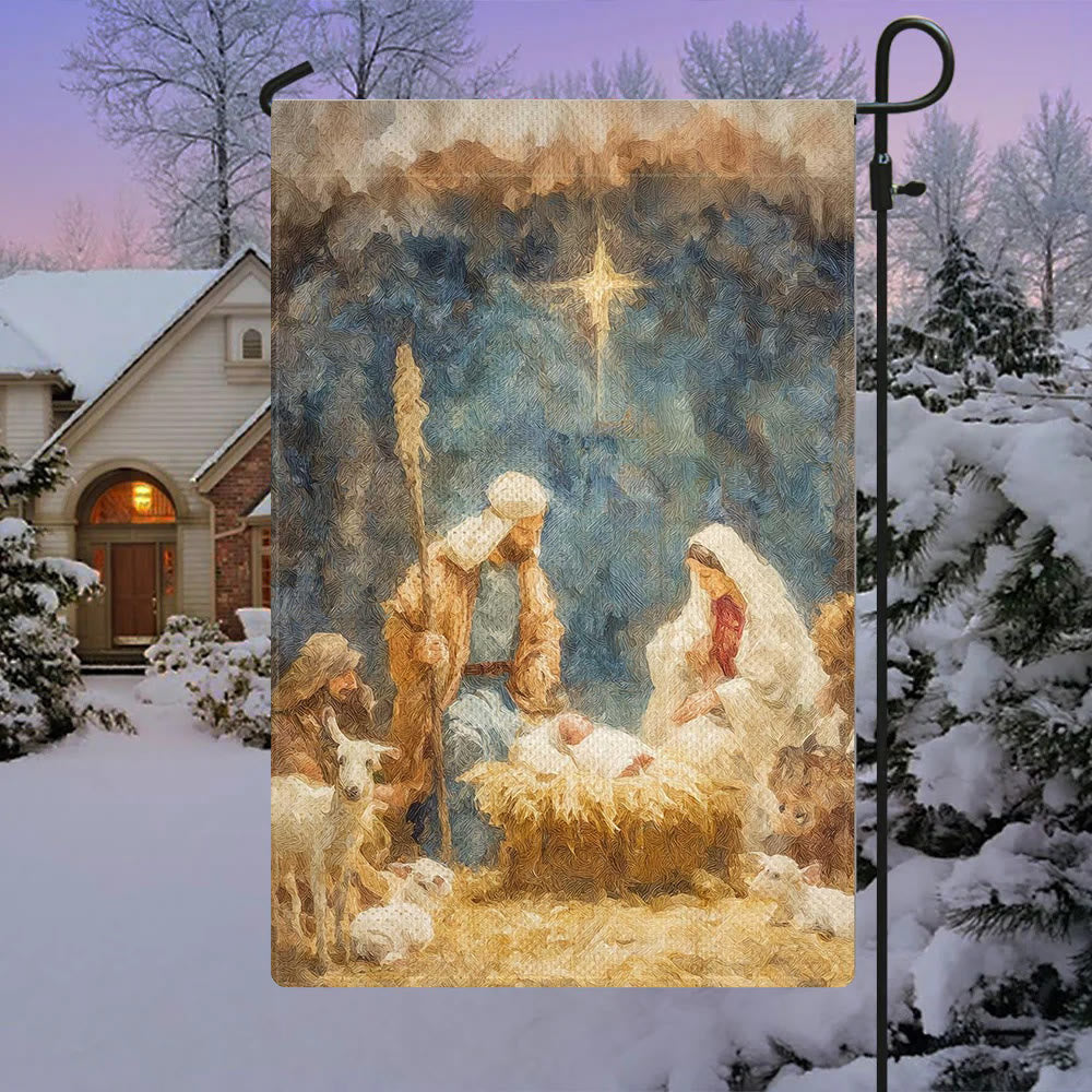 Christianartworkshop Soft - Toned Nativity Garden Flag: Holy Family, Animals & Star