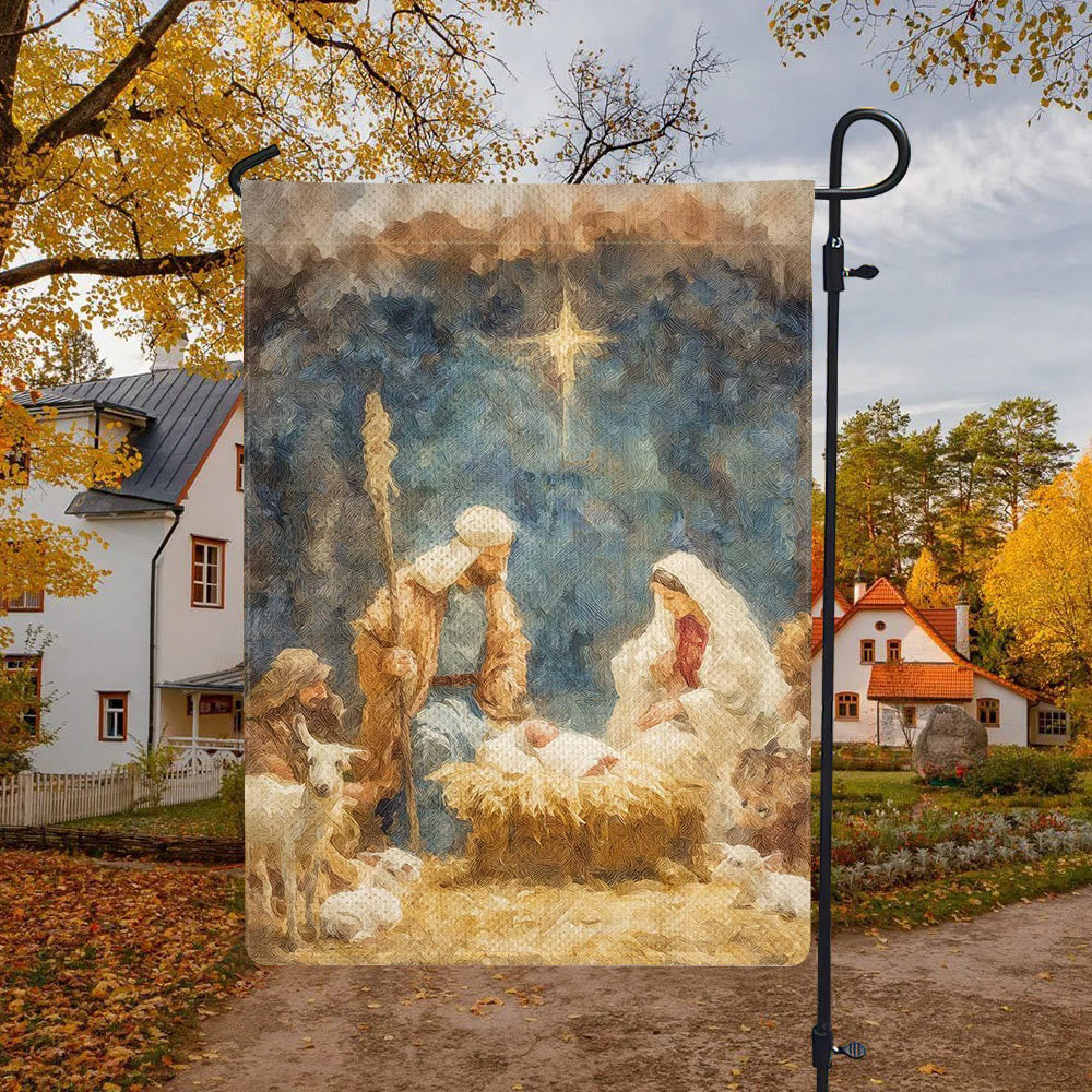 Christianartworkshop Soft - Toned Nativity Garden Flag: Holy Family, Animals & Star